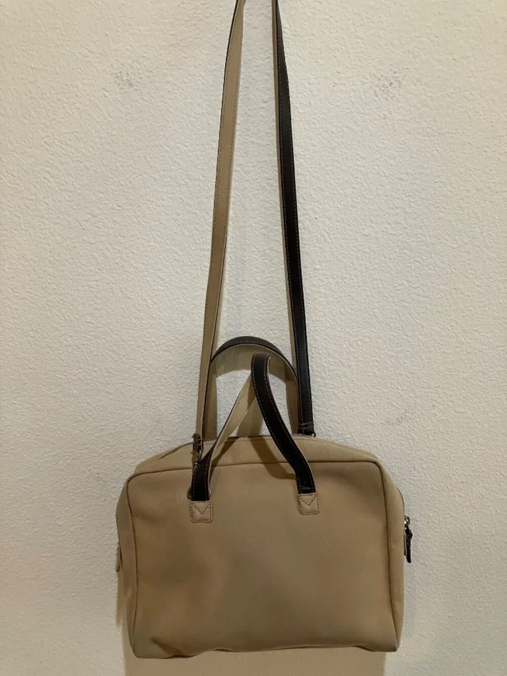 Lauren Ralph Lauren Vintage Canvas Leather Shoulder Satchel Tote Bag Beige Brown